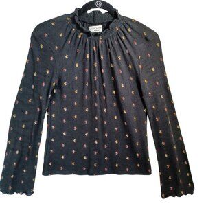 Madewell Texture and Thread Top Mock Neck Pullover Black Floral Size X Small